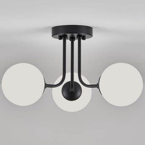 Modern Hängend Lampe Deckenleuchte Deckenlampe Retro Luster Hängeleuchte Pendelleuchte Vintage Kronleuchter Wohnzimmer Schlafzimmer Küche Esstisch mit 3 Mattglas Kugel Glas Globe Schwarz Lampenschirm von YIKEGE LICHT