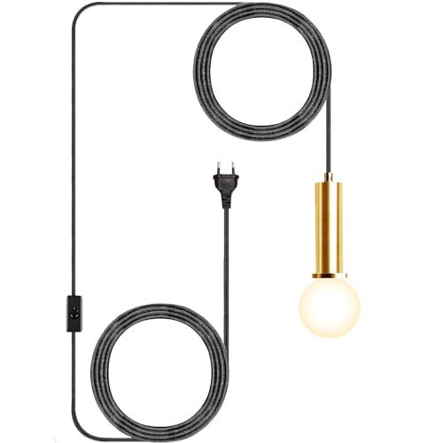 Modern Schwarz Golden Pendelleuchte Lampenaufhängung Lampenfassung E27 mit Kabel Hängelampe mit Stecker Schalter 15ft Textilkabel Lampenkabel verstellbar Lampenhalterung Lampe Steckdose für Küche von YIKEGE LICHT