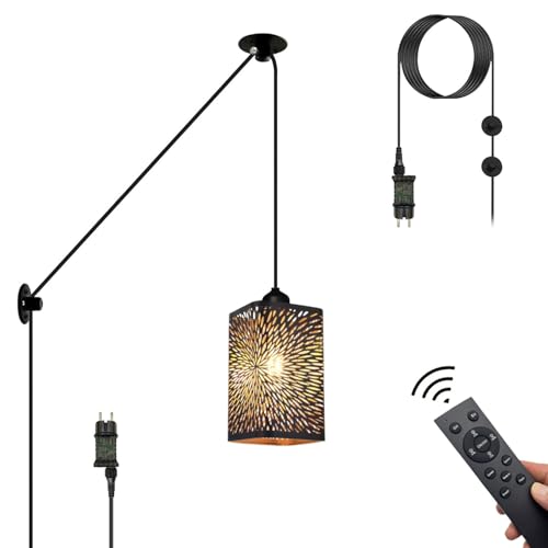 Pendelleuchte Kit mit Stecker Fernbedienung Vintage Plug in Hängelampe Küche Lampenkabel mit 4,5 Meter Kabel E27 Lampenfassung Metall Feuerwerk Lampenschirm Hängeleuchte Küchenlampe Esszimmerlampe von YIKEGE LICHT