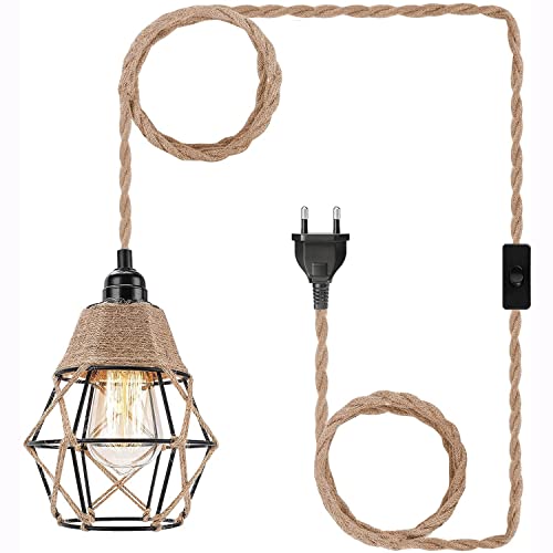 Pendelleuchte Kit mit Stecker Vintage Plug in Hängelampe Küche Lampenkabel mit 4,5 Meter Seil Kabel Hanfseil E27 Lampenfassung Textilkabel Käfige Lampenschirm Hängeleuchte Küchenlampe Esszimmerlampe von YIKEGE LICHT