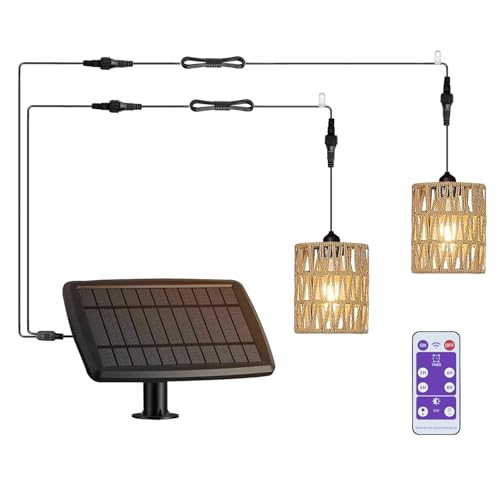 Rattan Solar Hängelampe Solarlampen für Außen Balkon mit Fernbedienung Hängeleuchte Hängend Korb Lampenschirm Pendelleuchte ohne Strom Wasserdichte Lampe Garten Camping 5M Kabel 2 Licht von YIKEGE LICHT