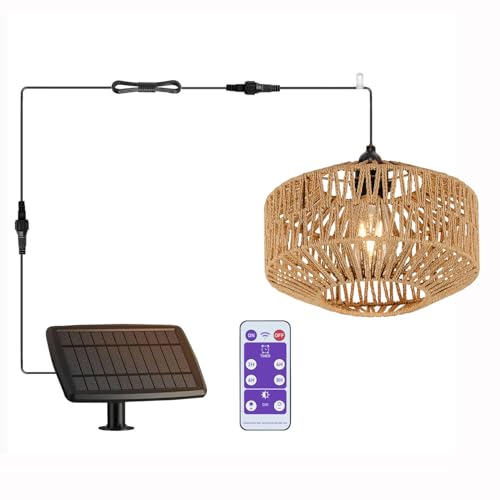 Rattan Solar Hängelampe Solarlampe für Außen Balkon Fernbedienung Hängeleuchte Hängend Korb Lampenschirm Pendelleuchte ohne Strom Wasserdichte Wandlampe Deckenlampe für Dachrinnen Garten von YIKEGE LICHT