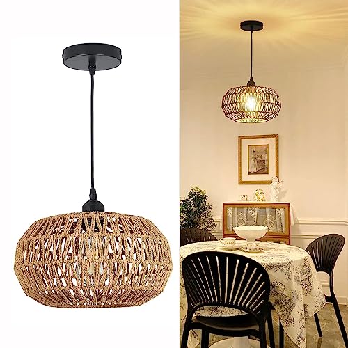 Vintage Boho Hängelampe mit Rattan Lampenschirm Natürliches Pendelleuchte Esstisch - Rustikal Hängeleuchte E27 für Schlafzimmer Lounge, Hängend Deckenleuchte für Wohnzimmer Esstisch Esszimmer Küche von YIKEGE LICHT