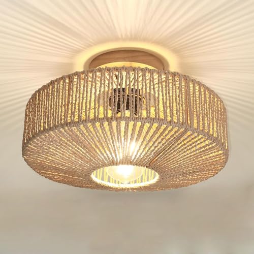 Vintage Boho Rattan Lampe Deckenleuchte Deckenlampe - Rustikal Hängelampe Geflochten Korb Lampenschirm Badezimmerlampe Badlampe Wandlampe - E27 Industrielle Kronleuchter für Küche Schlafzimmer Keller von YIKEGE LICHT