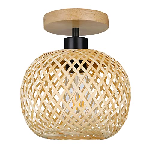 YIKEGE LICHT Vintage Boho Rattan Lampe Deckenleuchte Hängelampe - Bambus Holz Lampenschirm Deckenlampe Badlampe Badezimmerlampe Wandlampe - E27 Deckenleuchten für das Bad Küche Schlafzimmer Flur von YIKEGE LICHT