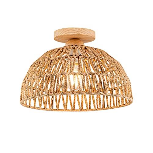 Vintage Boho Rattan Lampe Deckenleuchte Hängelampe - Bambus Holz Lampenschirm Retro Deckenlampe Badlampe Badezimmerlampe Wandlampe - Industrielle Deckenleuchten für das Bad Flur Küche Schlafzimmer von YIKEGE LICHT