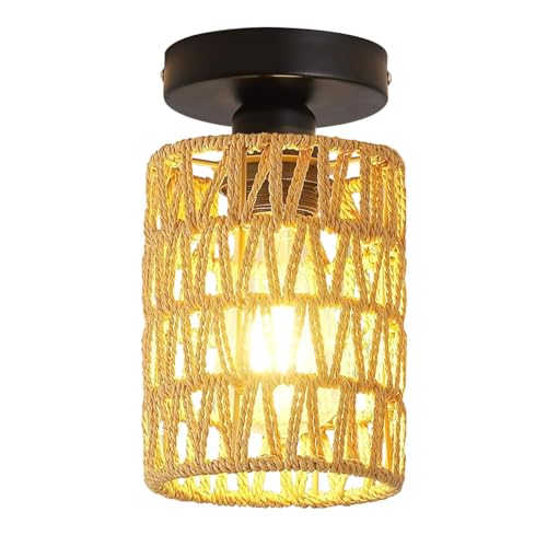 Vintage Boho Rattan Lampe Deckenleuchte Hängelampe Mini Zylinder Lampenschirm Deckenlampe Badlampe Badezimmerlampe Wandlampe E27 Industrielle Deckenleuchten für das Bad Küche Schlafzimmer Flur Keller von YIKEGE LICHT