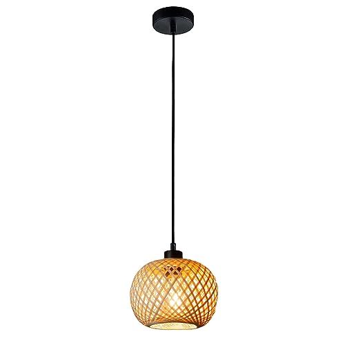 Vintage Boho Rattan Lampe Hängelampe Pendelleuchte Hängeleuchte Holz Bambus Lampenschirm Deckenlampe Badlampe Badezimmerlampe - E27 Industrielle Deckenleuchten für das Bad Küche Schlafzimmer Flur von YIKEGE LICHT