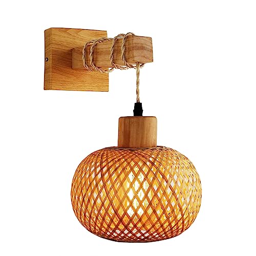 YIKEGE LICHT Vintage Wandleuchte Innen Wandlampe Holz Bambuslaterne Boho Rattan Bambus Laterne Kleine Japanische Lampe Wand Nachttischlampe Kabellos E27 Nachtlicht für das Bad Wohnzimmer Schlafzimmer von YIKEGE LICHT