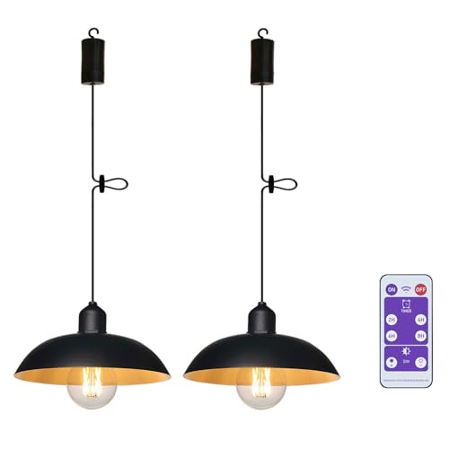 YIKEGE LICHT 2er Industrie Hängelampe mit Batterie Fernbedienung Akku Hängeleuchte Deckenlampe ohne Strom Batteriebetriebene Laternen Lampions für Pavillon Garten Balkon Camping Deko Geschenk von YIKEGE LICHT