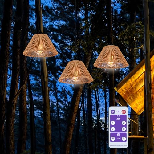 YIKEGE LICHT 3x Boho Rattan Lampe Vintage Hängelampe mit Batterie Akku Glühbirne Hängeleuchte Deckenlampe ohne Strom Stromanschluss Außenbeleuchtung Außen Laternen Lampions für Garten Balkon Pavillon von YIKEGE LICHT