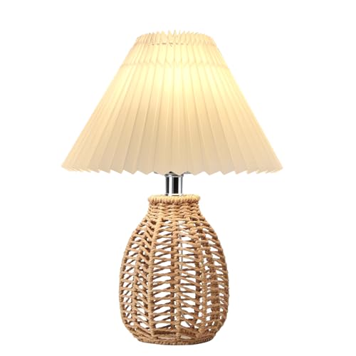 YIKEGE LICHT Tischlampe Boho Lampe Vintage Rattan Stehlampe Beige Nachttischlampe Weiß Stoff Lampenschirm Nachtischlampe Modern Landhaus Table Lamp für Wohnzimmer Schlafzimmer Nachttisch Tisch Deko von YIKEGE LICHT