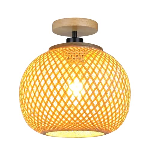 YIKEGE LICHT Vintage Boho Rattan Holz Deckenleuchte Hängelampe Bambus Lampe Φ25cm Rund Lampenschirm Groß Deckenlampe Badlampe Badezimmerlampe - E27 Deckenleuchten für das Bad Küche Schlafzimmer Flur von YIKEGE LICHT