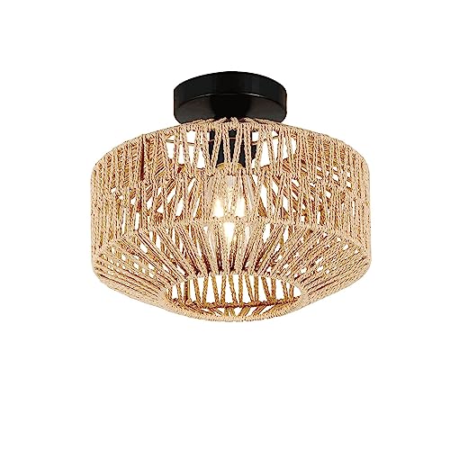 YIKEGE LICHT Vintage Boho Rattan Lampe Deckenleuchte Hängelampe Deckenlampe Geflochten Korb Lampenschirm Badezimmerlampe Wandlampe - E27 Industrielle Deckenleuchten für Küche Schlafzimmer, Hellfarbig von YIKEGE LICHT