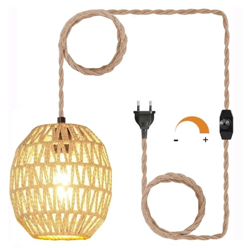 YIKEGE LICHT Vintage Dimmbar Hängelampe mit Stecker Boho Rattan Pendelleuchte ohne Strom E27 Lampefassung Hängend Lampe Lampenschirm Hängeleuchte Wandleuchte 450cm Kabel für Schlafzimmer Wohnzimmer von YIKEGE LICHT