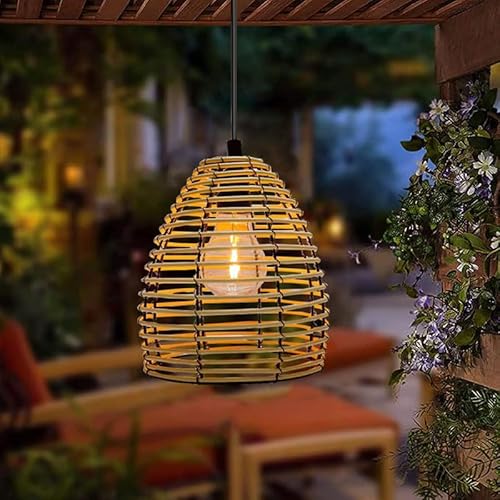 YIKEGE LICHT Vintage Hängelampe mit Batterie Außen Hängeleuchte Akku Boho Rattan Lampenschirm Deckenlampe ohne Strom Außenbeleuchtung Laternen Lampions Wetterfest für Innen Garten Balkon Camping von YIKEGE LICHT