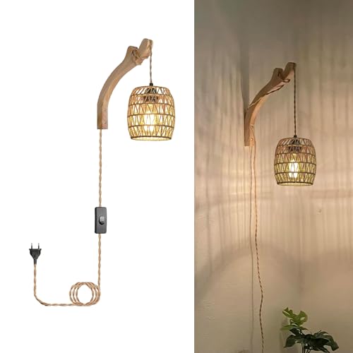 YIKEGE LICHT Wandleuchte mit Stecker Schalter Boho Rattan Lampenschirm Innen 300cm Kabel E27 Holz Wandlampe mit kabel für Steckdose Flurlampe Wandstrahler Kinderzimmer Schlafzimmer Treppenhaus Flur von YIKEGE LICHT