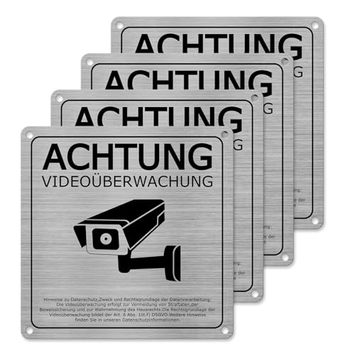 YIKIADA Achtung Videoüberwachung Schild 15 x 15 cm Aluminium Warnschild Selbstklebend Kamera Überwachung für Privatgrundstück 4 Stück von YIKIADA