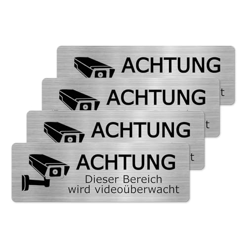 YIKIADA Achtung Videoüberwachung Schild 15 x 5 cm Klein Aluminium Warnschild Selbstklebend Kamera Überwachung für Privatgrundstück 4 Stück von YIKIADA