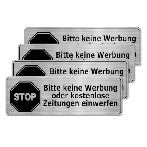 YIKIADA Bitte Keine Werbung Schild 15 x 5 cm Klein Selbstklebend Aluminium Warnschild Briefkastenschild Kostenlose Zeitungen für Briefkasten Haus Büro 4 Stück von YIKIADA