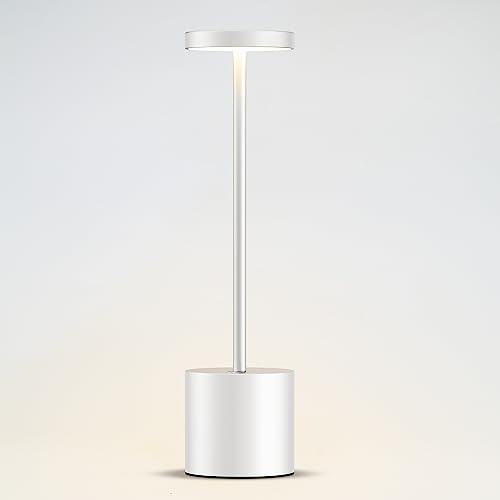 YIKUI Tischlampe Kabellos, Eingebaut 3200 mAh Batterie mit 2 Beleuchtungsmodi Dimmbar LED-Akku Tischleuchte, Metall Aluminium Schreibtischlampen, für Restaurant, Terrasse, Draußen (Silber) von YIKUI