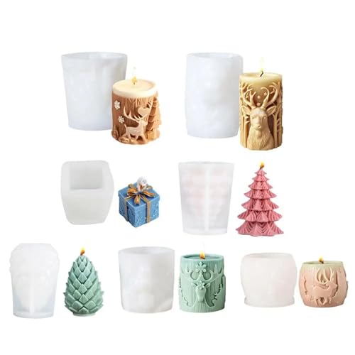 7PCS Weihnachtsbaum Schnitzmuster Zylindrische Kerze 3D Silikonform Rentier Schneeflocke Elch Kerzenform FüR Herstellung Kerzen Seife(Clear08) von YILWPV