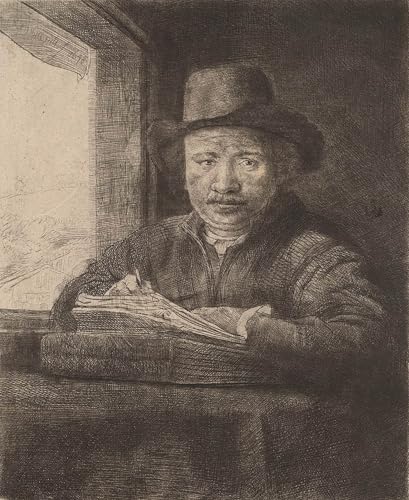 YIMACBJXX Berühmte Gemälde Leinwand Drucken Poster Wandbilder Selbstporträtzeichnung an einem Fenster von Rembrandt Van Rijn Modern Poster für Wohnzimmerdekoration 60x90cm von YIMACBJXX