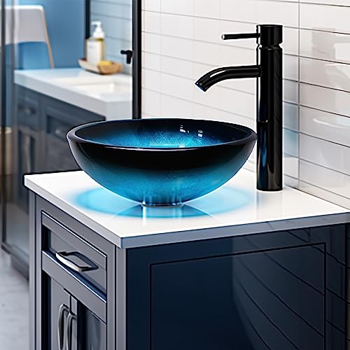 YIMAI Ingenuity Schiff Waschbecken 12 "Badezimmer Waschbecken Gehärtetes Glas Blau Kunst Becken Runde Schüssel mit Wasserhahn Combo, Blau von YIMAI Ingenuity