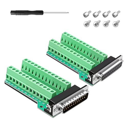 YIMATEECO DB25 Schraubklemmenadapter, DB25 Buchse auf Terminal Block 25-polig Lötloser Breakout Board D-SUB Schraubklemmenblock Adapter Anschlussklemme mit isolierendem Pad (1xBuchse+1xStecker, 2Stü) von YIMATEECO