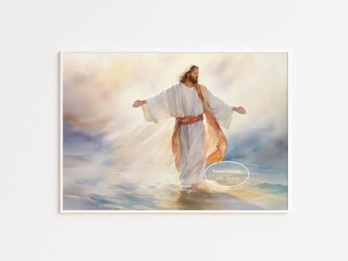 YIMESOY Aquarell Jesus Geht Auf Dem Wasser Poster Jesus Lachendes Bild, Leinwandgemälde Christliche Wandkunst Christus'S Embracehome Dekor A6 40X50Cm Kein Rahmen von YIMESOY