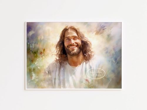 YIMESOY Aquarell Jesus Geht Auf Dem Wasser Poster Jesus Lachendes Bild, Leinwandgemälde Christliche Wandkunst Christus Umarmen Heimdekoration A14 21X30Cm Kein Rahmen von YIMESOY