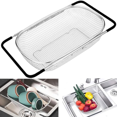 Sieb Edelstahl, Spülbeckensieb, Küchensieb Edelstahl, Kitchen Sink Strainer Für Gemüse Und Obst Waschen, Ausziehbar, Küchenutensilien (Schwarz, Masche) von YIMINI