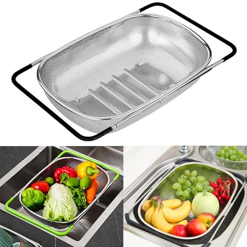 Sieb Edelstahl, Spülbeckensieb, Küchensieb Edelstahl, Kitchen Sink Strainer Für Gemüse Und Obst Waschen, Ausziehbar, Küchenutensilien (Schwarz, Mesh Stil) von YIMINI
