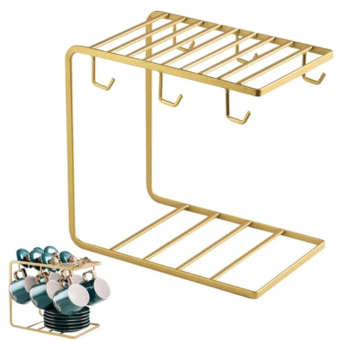 YIMINI Becherhalter Aus Metall, Kaffeetassenhalter 6 Haken, Haushalt Teetasse Regal, Teetassen Display Stand, Teetassen Rack Regal, Tassenaufbewahrung, für 6 Tassen Untertasse Löffel Sets (Goldene) von YIMINI