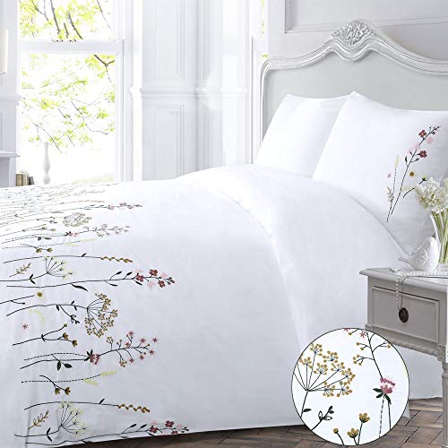 Bettbezug-Set mit weißen Blumen und rosa Blumen, 100 % elegante Wildblumen-Stickerei, hübsches botanisches französisches Landhausstil, Landhaus, 3-teiliges Bettwäsche-Set mit Reißverschluss von YINFUNG