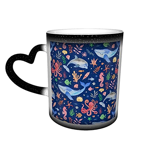 YINGD Keramiktasse mit skurrilem Meeresmotiv, dunkelblau, mittlere Skala, Kaffeetasse, lustige Farbwechsel, Reisebecher, Keramik, wärmeempfindliche Tasse, Einheitsgröße von YINGD