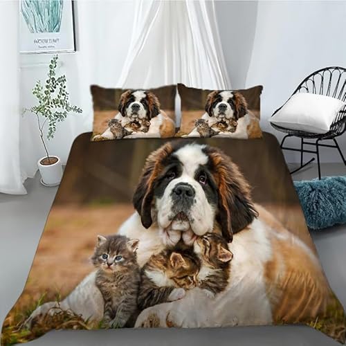 Bettwäsche 135x200 braun - Bernhardiner Hund Bettbezüge mit Reißverschluss Mikrofaser Bettwäsche-Set 3teilig, Atmungsaktive Weiche Deckenbezug Kinder Bettwäsche 135x200 cm + 2 Kissenbezug 80x80 cm von YINGYINGGUAI