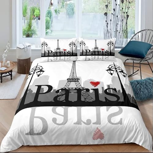 YINGYINGGUAI Bettwäsche 90x200 Weiß - Paris Kinder Bettbezüge mit Reißverschluss Mikrofaser Kinderbettwäsche 3 teilig, Atmungsaktive Weicher Kinder Bettwäsche-Set + 2 Kissenbezug 80x80 cm von YINGYINGGUAI