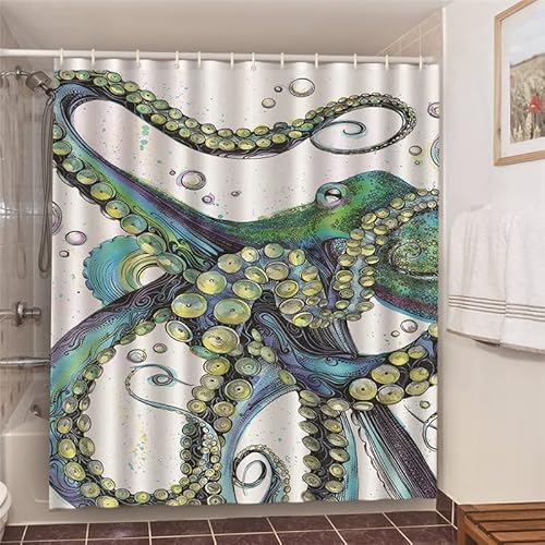 YINGYINGGUAI Duschvorhang 180x200 Weiss Krake Duschvorhang Anti Schimmel Waschbar Wasserdicht Duschvorhänge Textil mit 12 Duschvorhangringen, Duschvorhänge 180x200 cm für Badezimmer und Bathroom von YINGYINGGUAI