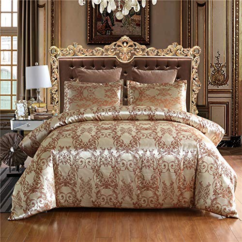 YINM Bettwäsche 220x240 cm Satin Gold Jacquard Blumenmuster Luxus Romantisch Bettbezug mit Reißverschluss und Kissenbezug (Brown,135 x 200 cm) von YINM