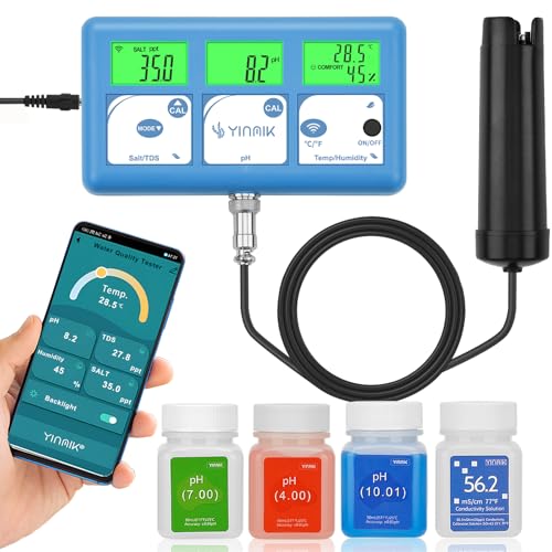 YINMIK pH Messgerät Salz Aquarium, All-in-One pH-TDS-Salz Temperatur Luftfeuchtigkeit, Continuous pH SALZ Monitor mit WiFi Fernbedienung für Hydrokulturen, Aquarien und Pools von YINMIK