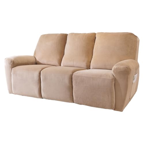 YINOW 8-teilige Schonbezüge für Liegestuhl, Samt, Khaki, Stretch-Schonbezüge für 3-Sitzer, mit Armlehnen von YINOW
