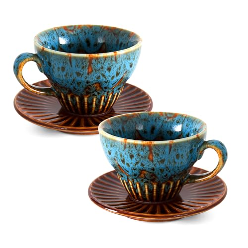 YINUOWEI Teetassen und Untertassen, stapelbare Keramik-Espressotassen und Cappuccino-Tassen, 2er-Set für Kaffee, Latte und Tee, langlebiges glasiertes blaues Porzellan-Teeset und moderne von YINUOWEI