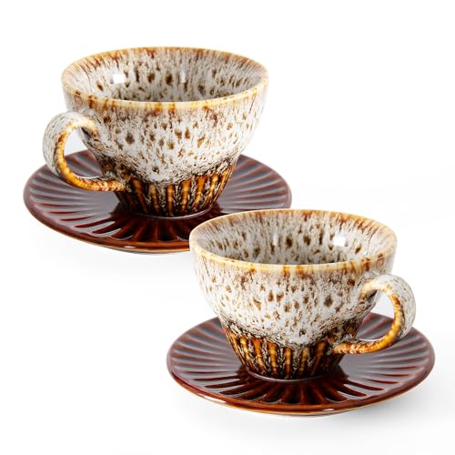 YINUOWEI Teetassen und Untertassen, stapelbare Keramik-Espressotassen und Cappuccino-Tassen, Set mit 2 Stück, für Kaffee, Latte und Tee, langlebiges glasiertes weißes Porzellan-Tee-Set und moderne von YINUOWEI