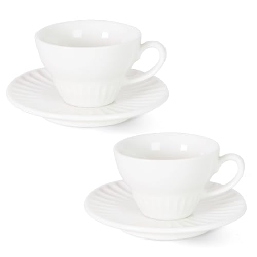 YINUOWEI Weiße Teetassen und Untertassen, stapelbare Keramik-Espressotassen und Cappuccino-Tassen, 2er-Set für Kaffee, Latte und Tee, langlebiges Porzellan-Tee-Set und moderne Latte-Tassen-Kollektion von YINUOWEI