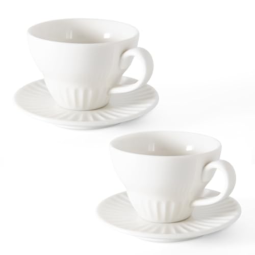 YINUOWEI Weiße Teetassen und Untertassen, stapelbare Keramik-Espressotassen und Cappuccino-Tassen, 2er-Set für Kaffee, Latte und Tee, langlebiges Porzellan-Teeset und moderne Latte-Tassen-Kollektion von YINUOWEI