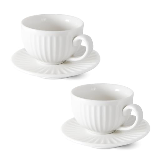 YINUOWEI Weiße Teetassen und Untertassen, stapelbare Keramik-Espressotassen und Cappuccino-Tassen, 2er-Set für Kaffee, Latte und Tee, langlebiges Porzellan-Teeset und moderne Latte-Tassen-Kollektion von YINUOWEI