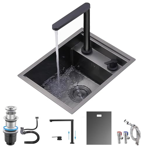 Küchen Spülbecken versteckte Spüle klein multifunktionale Schwarz edelstahl spüle mit armatur set Praktisches Bar/Wohnmobil Spülbecken Mit Abdeckung und Ablaufgarnitur (Schwarz（B）, 35 * 45 * 22cm) von YINXSLO