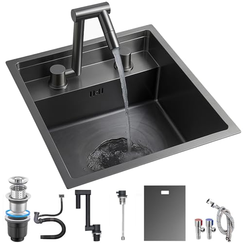 Küchen Spülbecken versteckte Spüle klein multifunktionale Schwarz edelstahl spüle mit armatur set Praktisches Bar/Wohnmobil Spülbecken Mit Abdeckung und Ablaufgarnitur (Schwarz（C）, 35 * 45 * 22cm) von YINXSLO