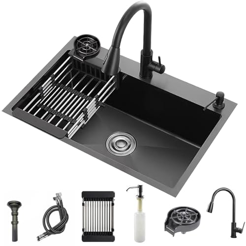 Küchenspüle Einzelbecken Bauernhaus Utility Spülbecken Dreiloch Schwarz Edelstahl Spüle mit Tassenwascher, Seifenspender, Wasserhahn, Ablauf-Set für Bar, Balkon, Küche (80 x 50 cm) von YINXSLO